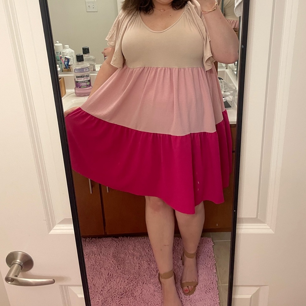 Colorblock Mini Dress - Beige, Pink, and dark pink